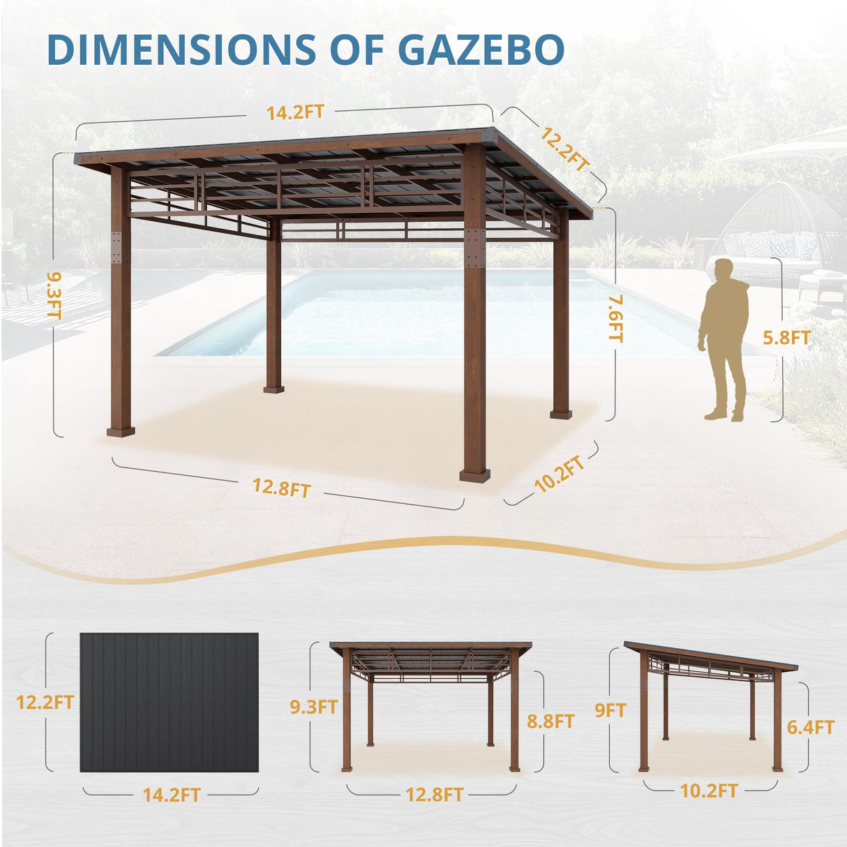 LUE BONA 12x14 Hardtop Gazebo, Outdoor Pergola Metal Roof Gazebo with Wooden Frame, Patio Gazebo Canopy with Curtains, Permanent Pavilion Grill Gazebo for Deck, Patio, Backyard, Garden LUE BONA