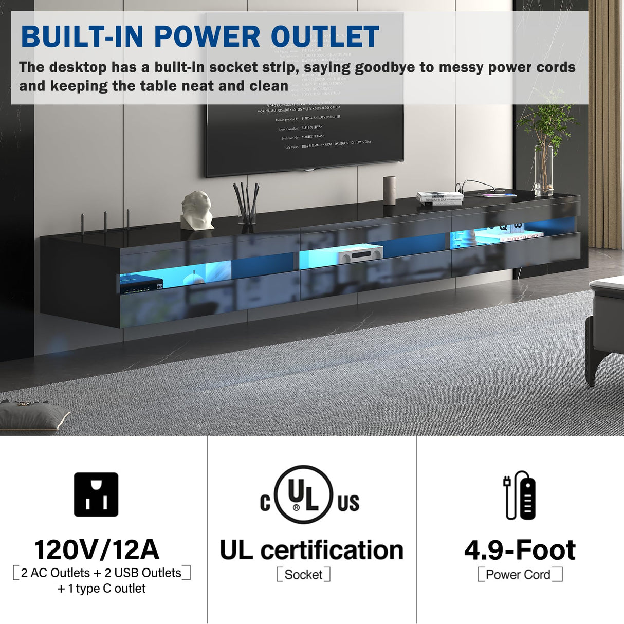 ANTISTA Floating TV Stand | 94.5'' Long Wall Mounted TV Shelf with Power Outlet, Modern Wooden Entertainment Center Media Console with Storage, High Gloss Large TV Cabinet, Up to 100 Inch TVS ANTISTA