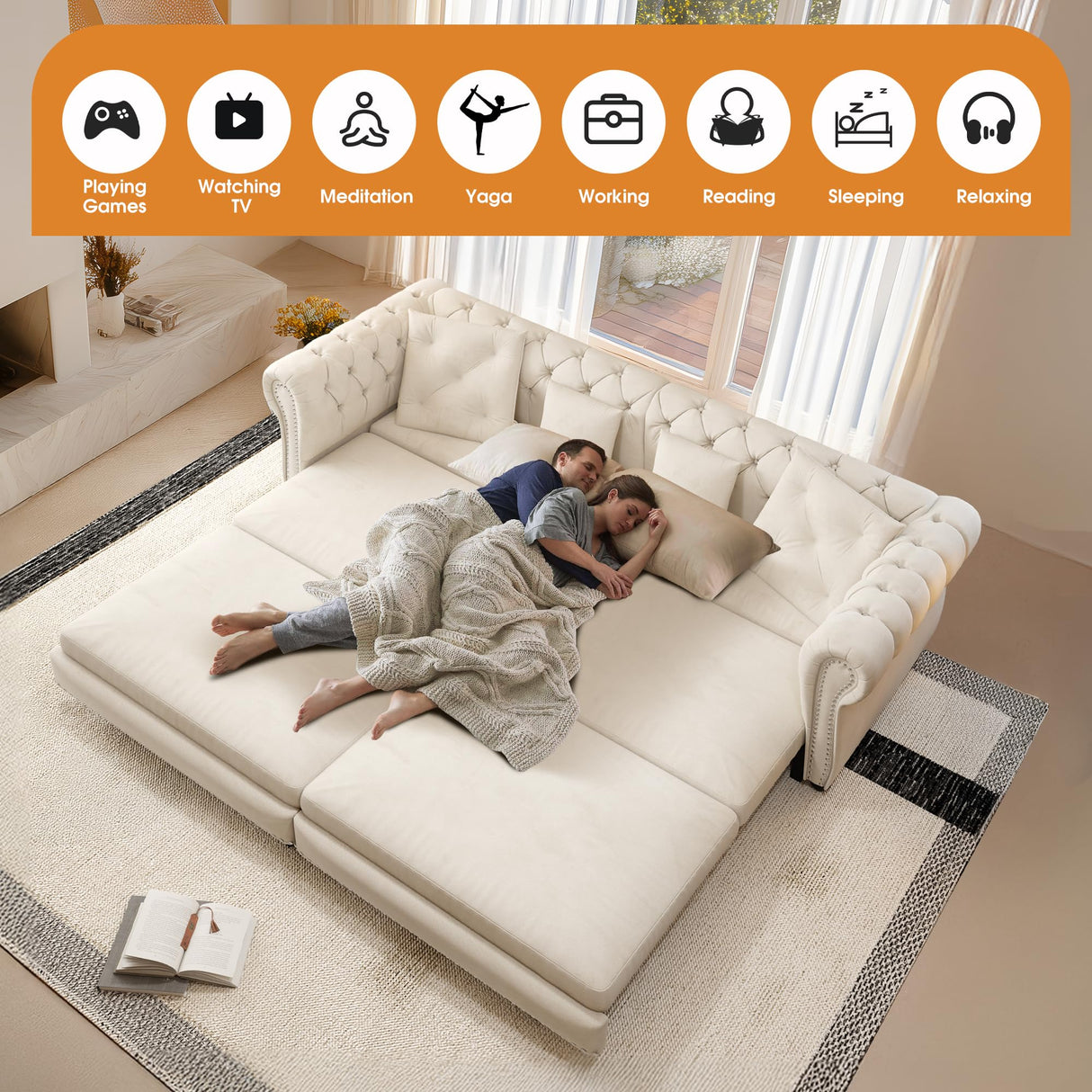 UQGVML Oversized Sleeper Sofa Couch, Convertible Sleeper Sofa Bed for Living Room, Bedroom, Classic 3-in-1 Pullout Couch Bed Chesterfield Style (Beige, with Ottoman) UQGVML