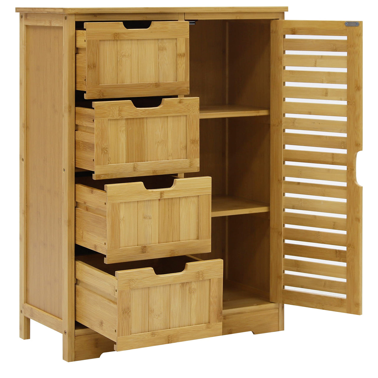 VEIKOU Bathroom Storage Cabinet with 4 Drawers, Freestanding Bamboo Cabinet with 2 Removable Shelves, Living Room Organizer Storage Cabinet, Natural VEIKOU