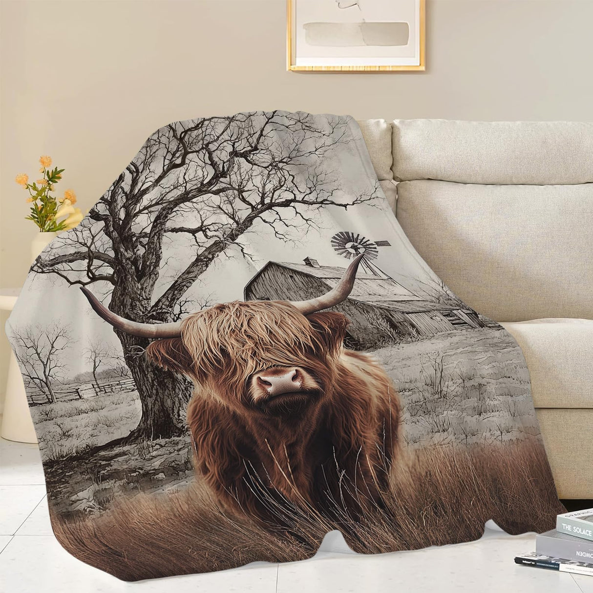 Highland Cow Blanket Highland Cow Throw Blankets Rustic Farmhouse Cattle Print Cozy Fleece Flannel Stuff Plush Lightweight Bedding Lover Gifts for Men Women Adults for Couch Sofa Bed Decor 40"X50" nanen