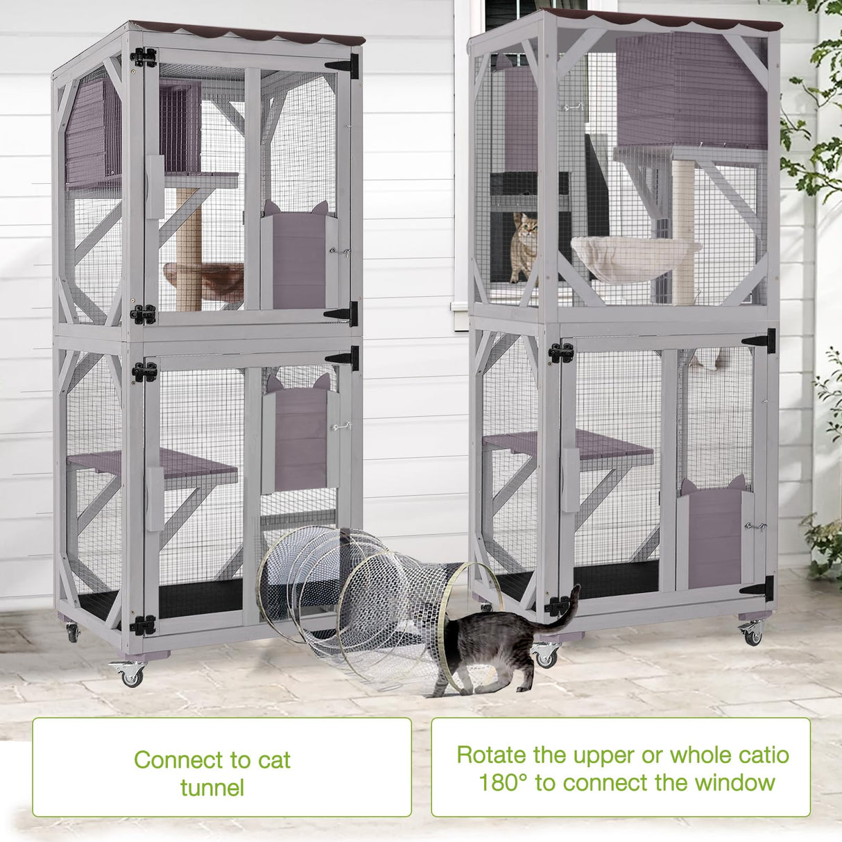 GUTINNEEN Catio Outdoor Cat Enclosure Mobile Cat House Indoor On Wheels with Scratch Post, Hammock, Resting Box, Platform, Tarp Roof 62.8", Grey GUTINNEEN