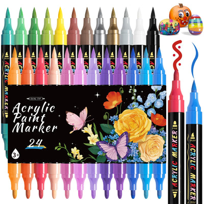 Dual Tip Acrylic Paint Markers, 24 Colors Paint Pens with Fine Tip and Brush Tip Pens, Acrylic Paint Pens for Paper, Pottery, Stones, Backpacks, Glass, Eggs, Fabrics, Plastics, handicrafts