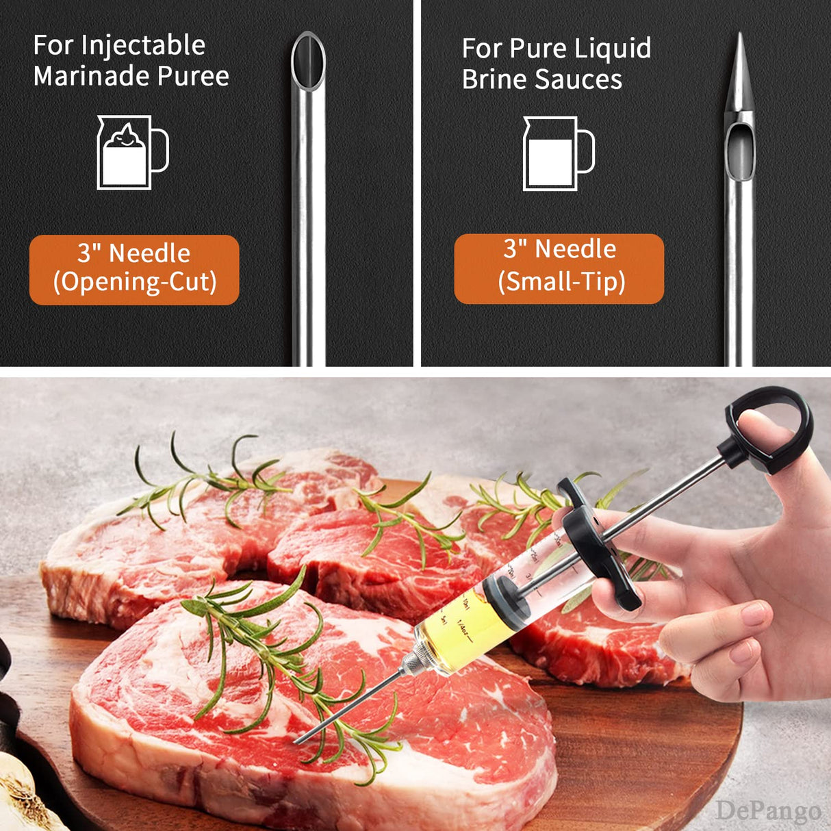 DePango Meat Injector, Anti-Break 1-oz Turkey Injector Syringe for Meats with 2 Stainless Steel Meat Needles, Crack-Proof Plastic Marinade Flavor Injector for BBQ Smoker, Steak, Pork and Chicken DePango