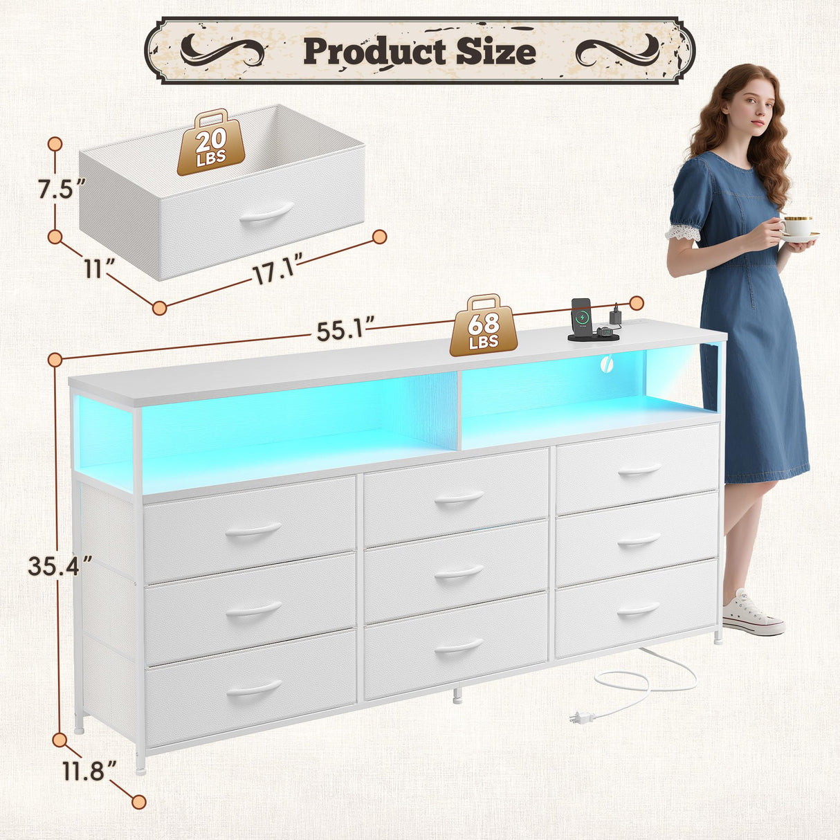 Romorgniz 55" W White Dresser for Bedroom with 9 Drawers, LED TV Stand with Power Outlets for 45, 55, 65 Inch TV, Sturdy Long Chest of Drawers with Extra 2 Wooden Shelves, 55.1" W x 35.4" H x 11.8" D Romorgniz
