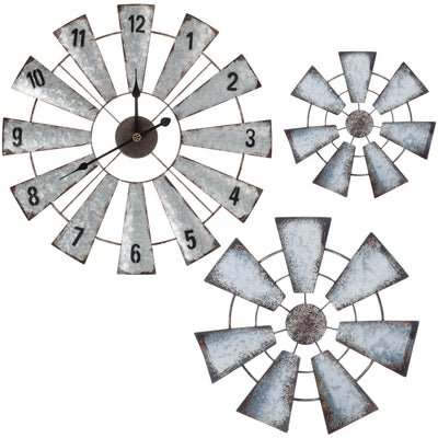 Wesiti 3 Pcs Metal Windmill Clock Large Farmhouse Wall Decor Clock 20 Inches Rustic county Wall Decor for Farmhouse Kitchen Living Room Bedroom Nursery Home