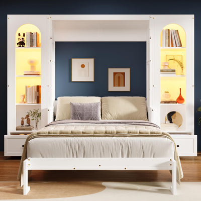 Hlcodca French Style Queen Size Murphy Bed with LED Lights & Storage Shelves - Wall Bed with Bookshelves, Drawers and Desk Space (White2)