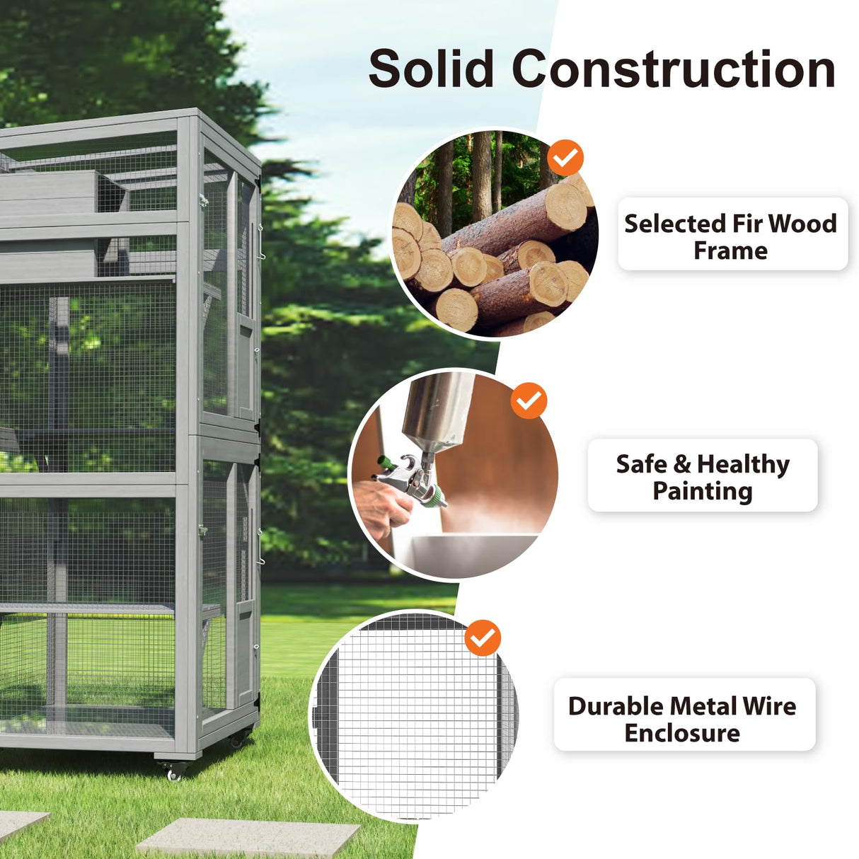 TIMHAKA Cat Catio Outdoor Cat Enclosure, 4 Tiers Cat Playen Catio with Wheels, Resting Box, Sunshine Panel Waterproof Roof, Large Cat House Cage with Removable Wood Bottom and Easy Clean PVC Layer TIMHAKA