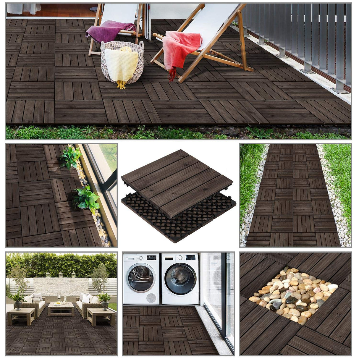 Yaheetech 55pcs Patio Deck Tiles 12 x 12in Interlocking Wood Composite Deck Wooden Flooring Deck Tiles Fir Wood Indoor&Outdoor, Black Yaheetech