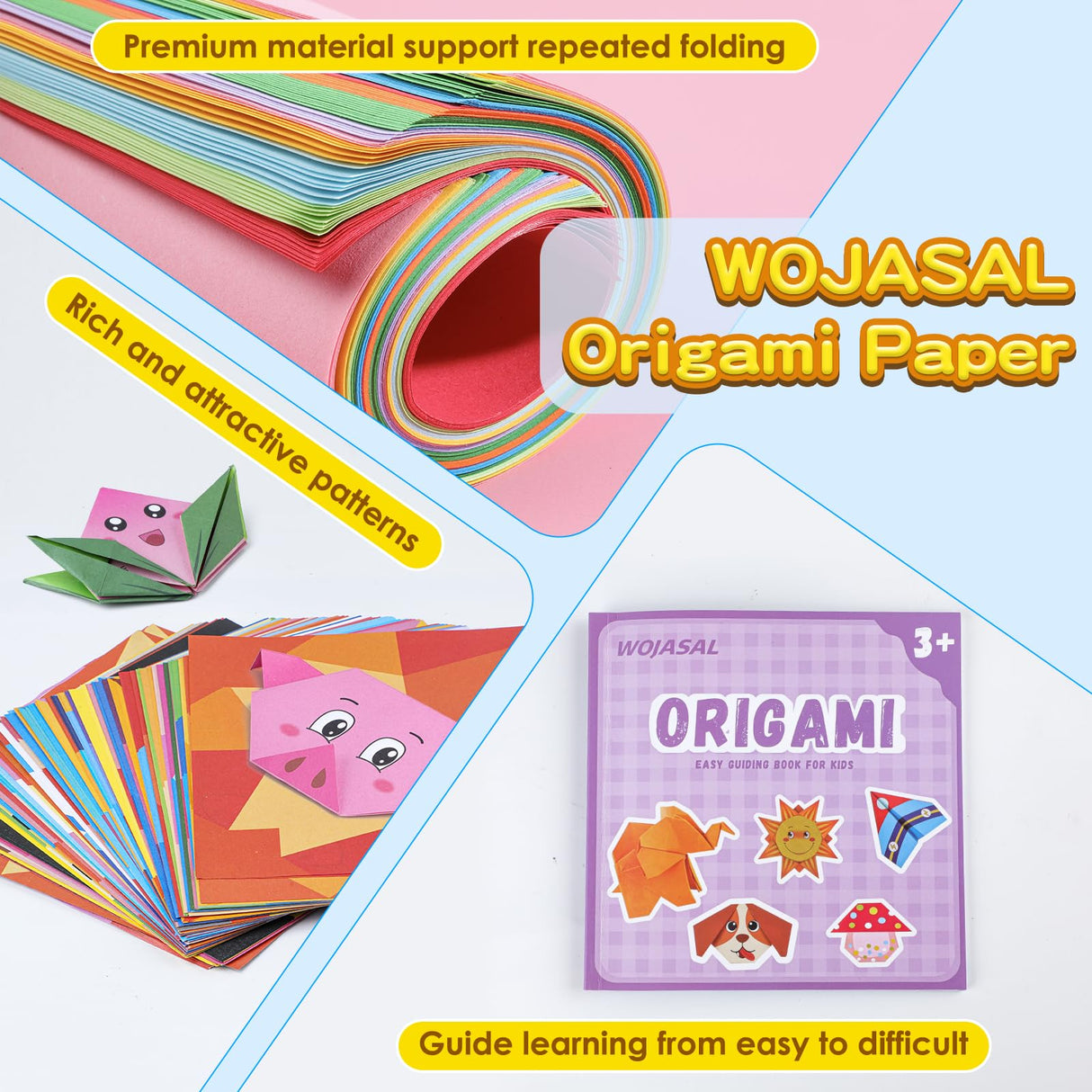 308 Sheets Origami Paper Kit for Kids Ages 5-8 8-12 with Guiding Book DIY Art and Crafts Supplies Kits for Girls and Boys Square Easy Fold Paper Travel Activities Birthday Christmas Gifts WOJASAL