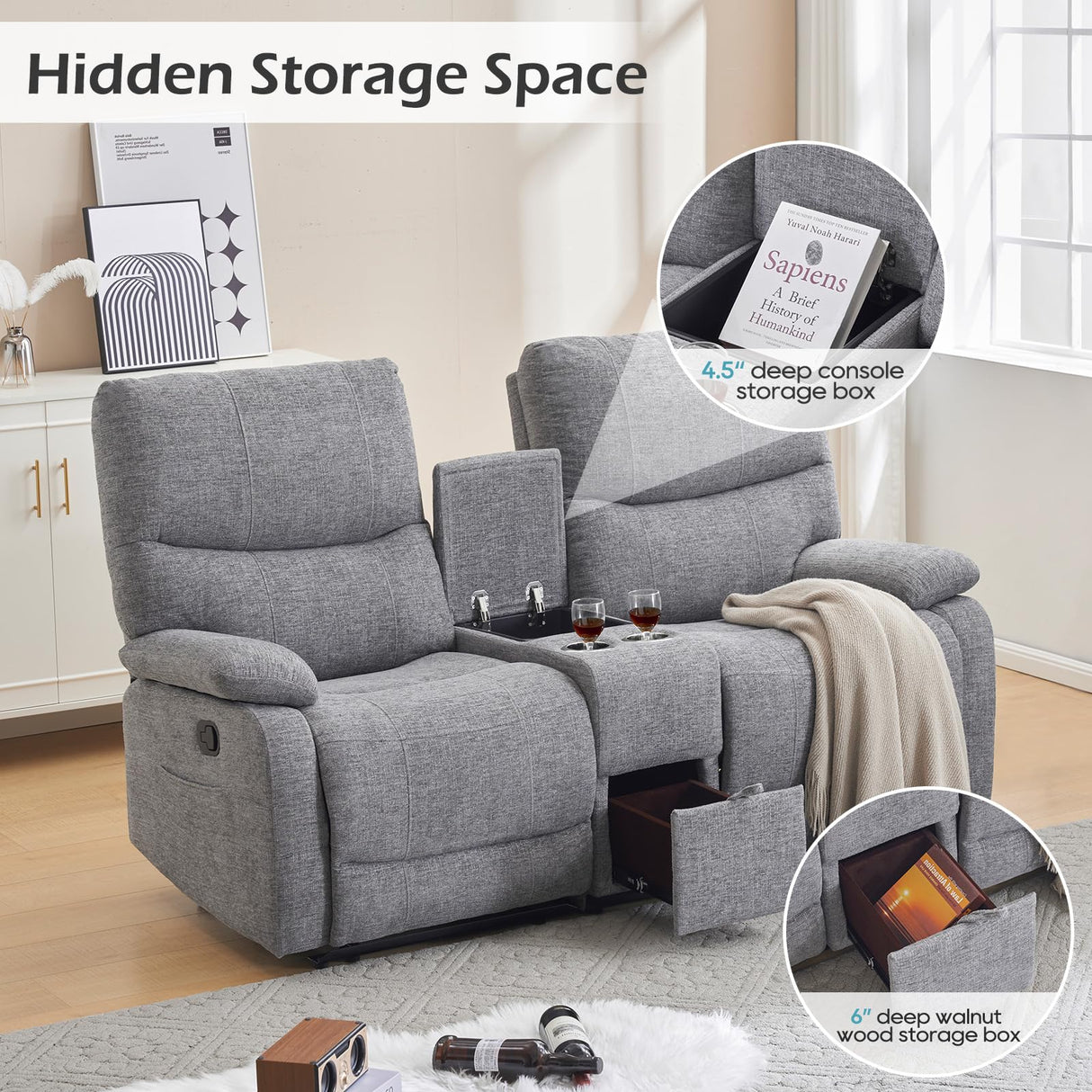 RIHEREFY Loveseat Recliner Sofa, Wall Hugger Recliner, Manual Reclining Loveseat with Console for Living Room, Home Theater, RV(Dark Gray) RIHEREFY