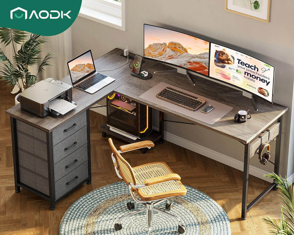 AODK L Shaped Desk with 4 Tier Drawers, 53" Reversible Gaming Desk with Power Outlets, L Shaped Computer Desk with USB Charging Port and Host Stand, Home Office Corner Desk, Easy to Assemble, Grey Oak AODK