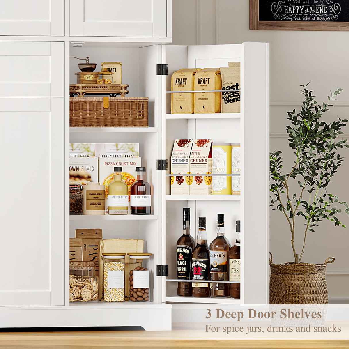 HOSTACK 68" Tall Kitchen Pantry Storage Cabinet, Modern Kitchen Hutch Cabinet with Doors and Shelves, Freestanding Food Pantry with Large Storage Drawer for Dining Room, Living Room, White HOSTACK