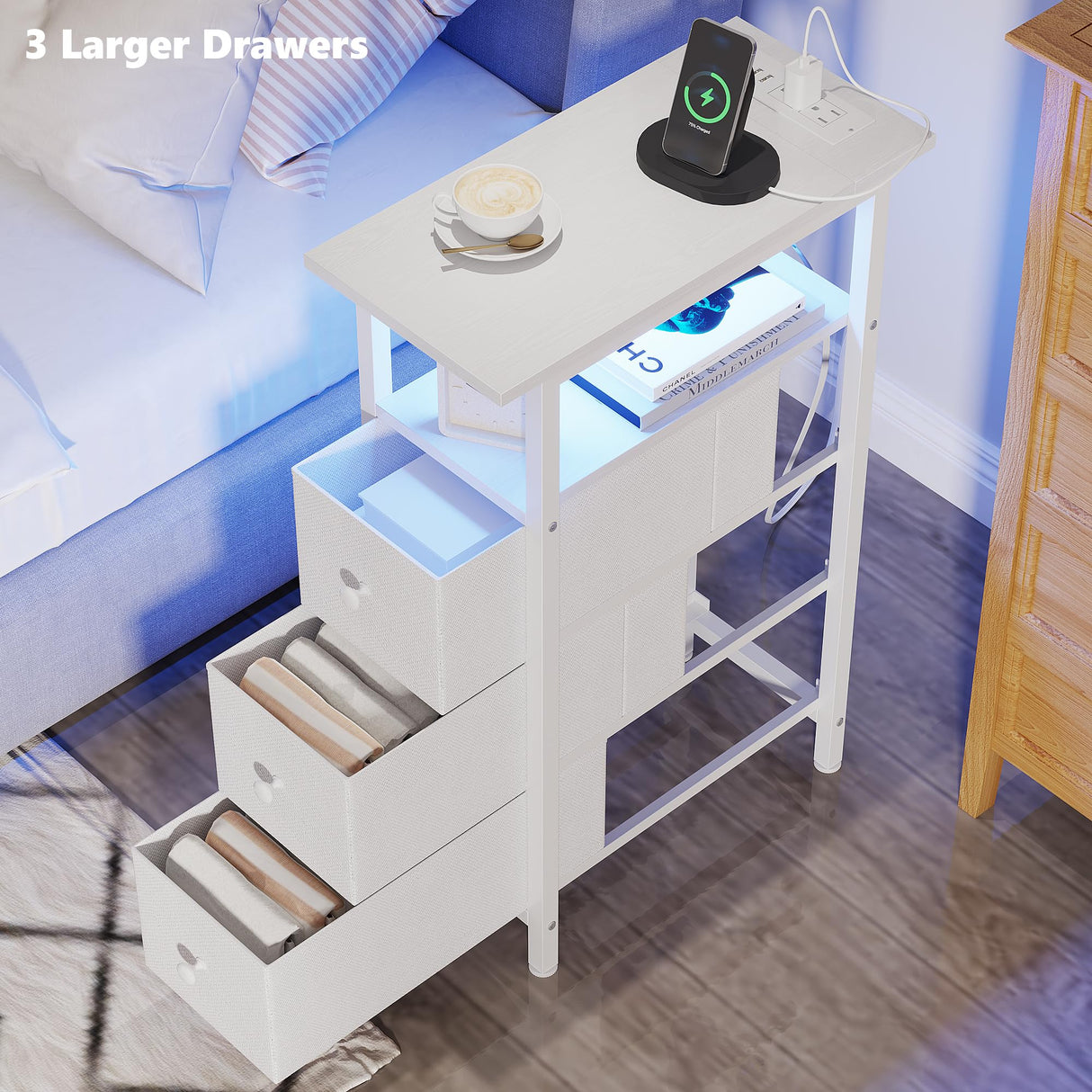 TRIFEBLE End Table with Charging Station, Narrow Side Table with 3 Fabric Drawers, Skinny Nightstand with LED Light, Slim Bedside Table for Bedroom, Living Room, Small Spaces, White TRIFEBLE