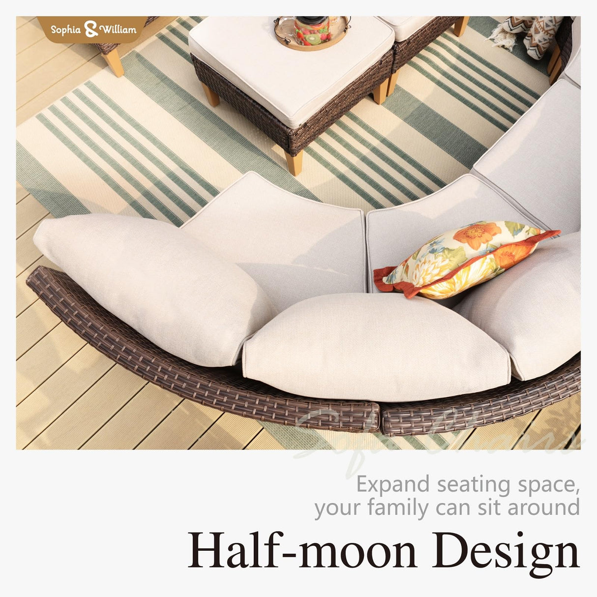 Sophia & William Patio Furniture Set with Fire Pit Table, 11 Piece Half Moon Outdoor Wicker Sectional Sofa Set, Rattan Conversation Set with 56-Inch Fire Pit Table & Ottoman (Beige) Sophia & William