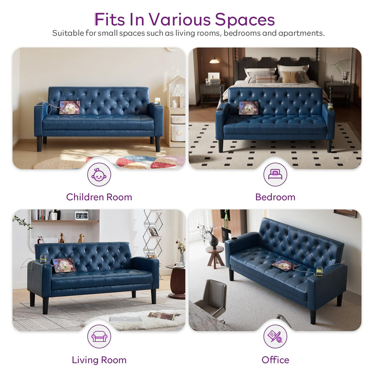 TYBOATLE 62" W Leather Loveseat w/ 2 USB and 2 Cupholders, Mid-Century Modern Tufted Small Love Seat Couches for Office, Living Room, Bedroom, Dorm (1, Blue) TYBOATLE