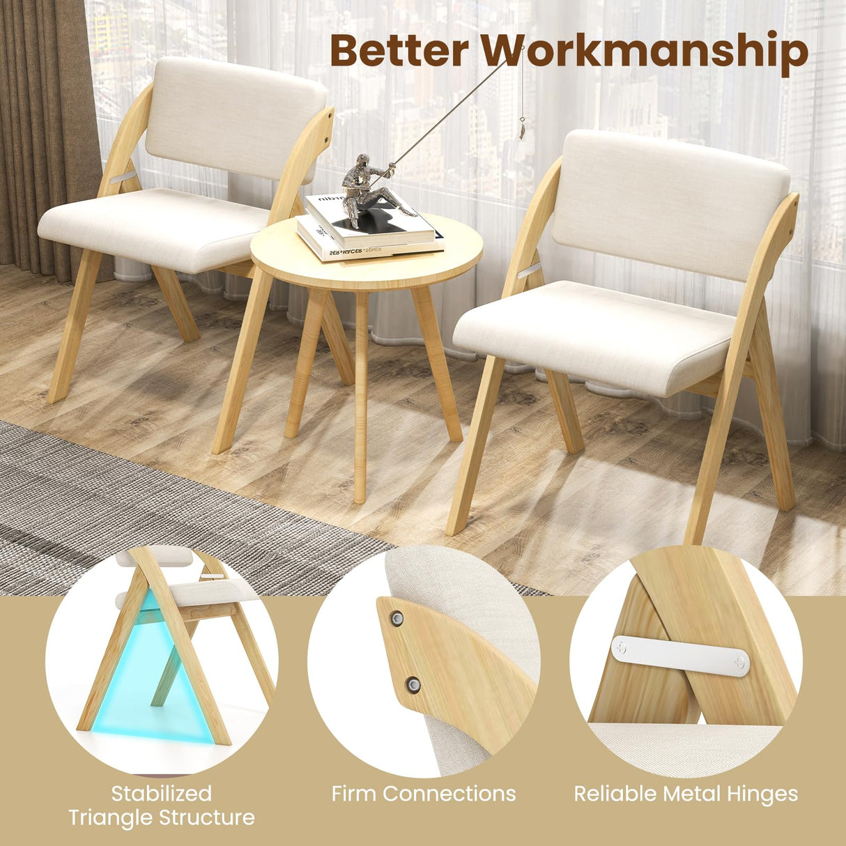 Giantex Folding Dining Chairs Set of 2, Upholstered Wooden Folding Chair 2 Pack, Portable Kitchen Chairs with Padded & Seat Backrest, Accent Chairs for Wedding Picnic Party, No Assembly, Natural Giantex