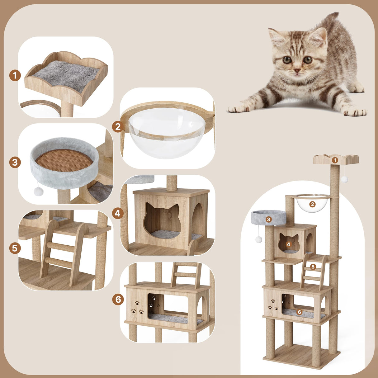 Mondeer Wood Cat Tree for Indoor Cats, 72" Tall Cat Tower for Large Cat with Scratching Post Condos Perches and Capsule Nest Modern (Beige) Mondeer
