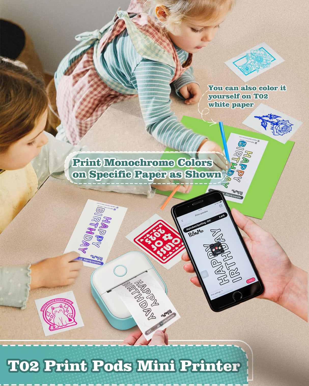 Memoking Sticker Printer - T02 Mini Portable Thermal Printer Inkless Sticker Maker Machine Bluetooth Pocket Label Maker for Study Graphics, Anatomical Diagrams, Photos, Students Memoking