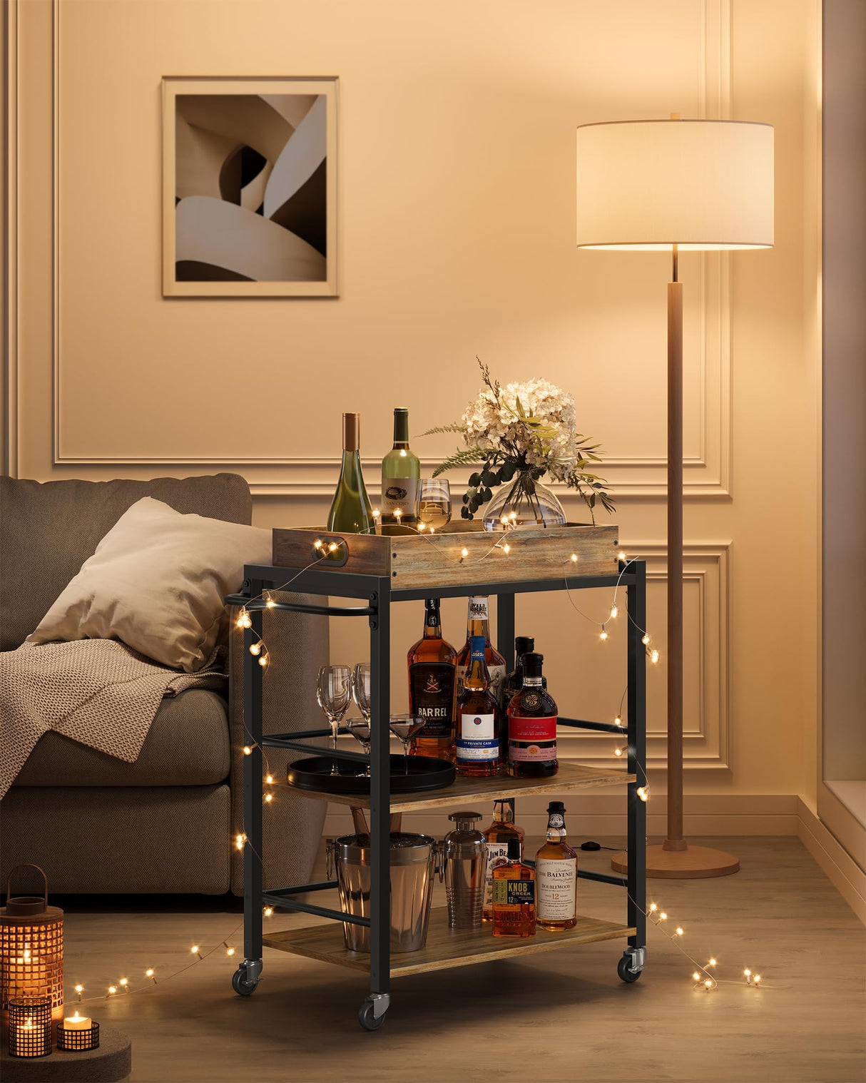 VASAGLE Kitchen Serving Cart with Removable Tray, 3-Tier Kitchen Utility Cart on Wheels with Storage, with Brakes, Leveling Feet, 15.7 x 28.3 x 33.9 Inches, Turquoise Brown and Ink Black ULRC072K60 VASAGLE