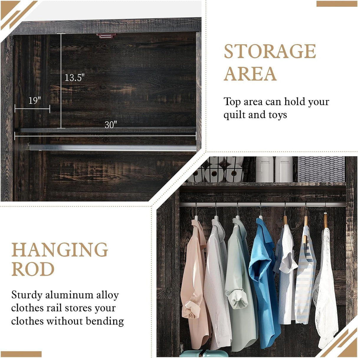 LUXOAK 70" Large Armoire Wardrobe Closet Set of 2 with Hanging Rod, Farmhouse Clothing Storage Cabinet with 4 Barn Doors, Wooden Tall Bedroom Armoires with Shelf, Dark Oak Wood LUXOAK