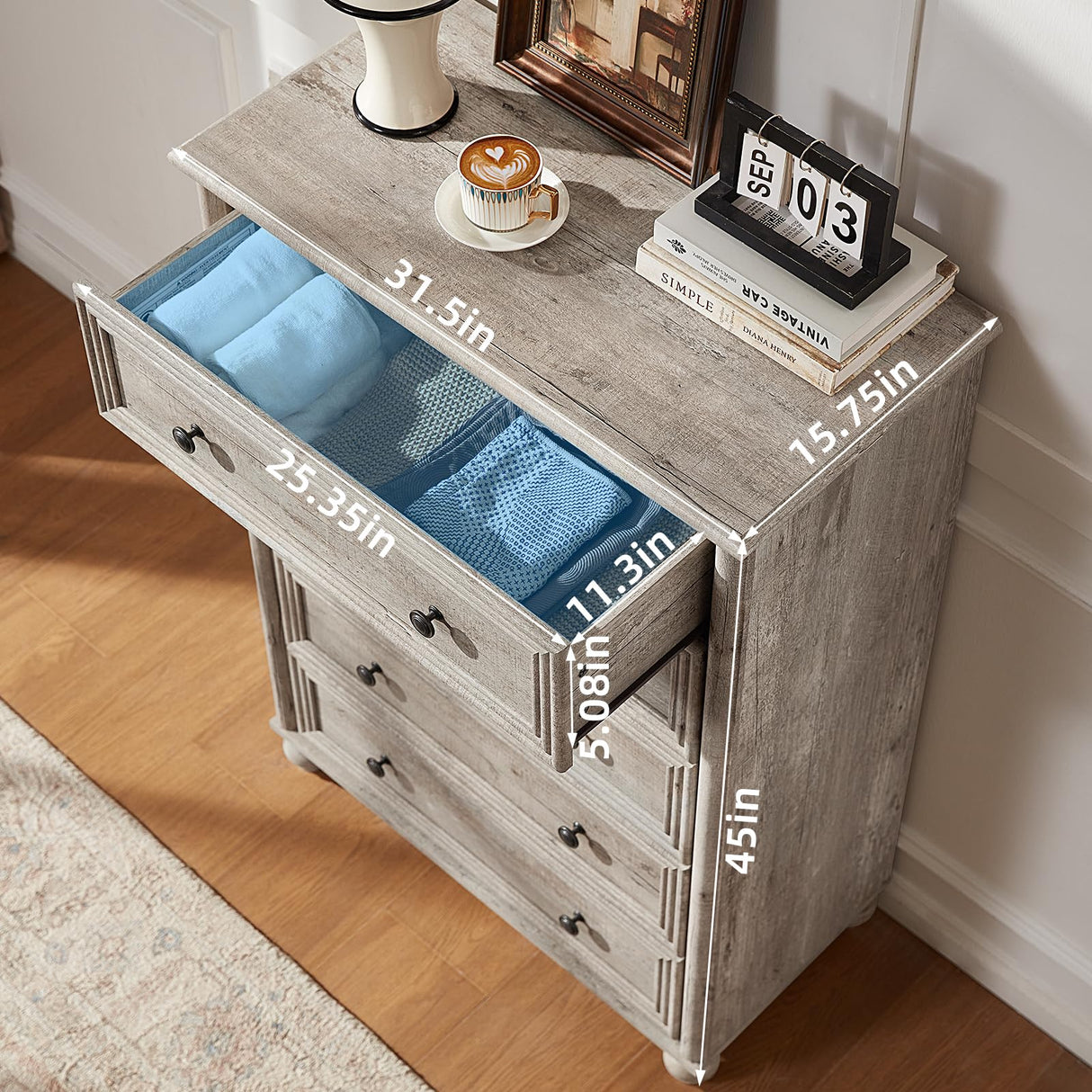 RWYHG Farmhouse 5 Drawers Dresser for Bedroom, Wood 45" Tall Dressers Chest of Drawers, Kids Dresser Rustic Storage Dressers Organizer with Metal Handle Closet for Living Room, Hallway RWYHG