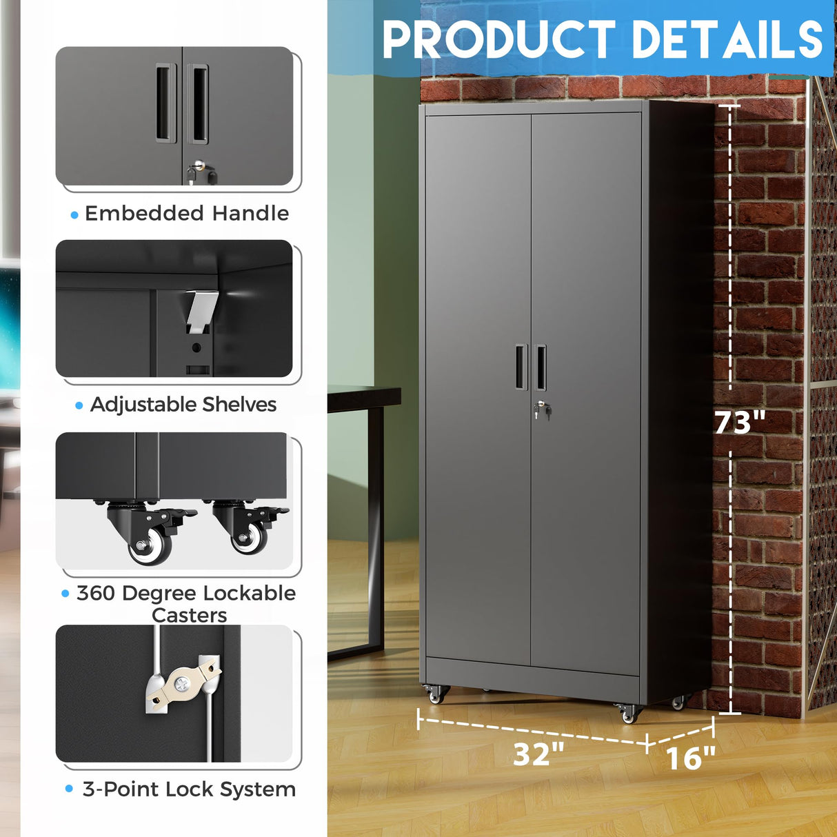 Greenvelly Metal Storage Cabinet with 4 Swivel Wheels, 73" H Black Garage Storage Cabinet with Wheels, Rolling Tool Cabinet with Locking Doors and Shelves for Home, Basement, Kitchen Pantry, Warehouse Greenvelly