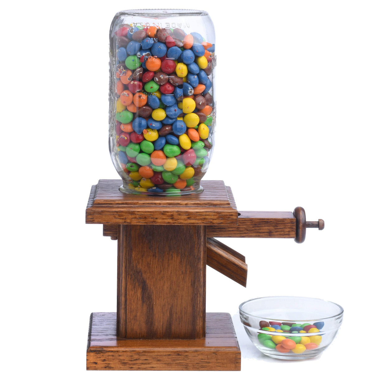 Handcrafted Amish Wooden Candy Dispenser Glass Jar Solid Oak Wood M&M's, Peanuts, Reese's Pieces, Skittles, Jelly Beans, Runts (Sorrel) AMISH VALLEY PRODUCTS