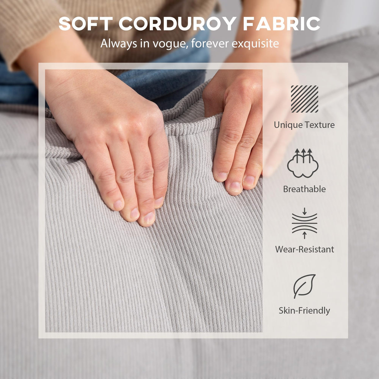 HOMCOM 95" Sectional Sofa with Reversible Chaise Lounge, L-Shaped Corner Sofa with Corduroy Fabric, Pocket Spring, 2 Pillows, Wide Arm, Thick Padded, 3 Seat Couch for Living Room, Light Gray HOMCOM