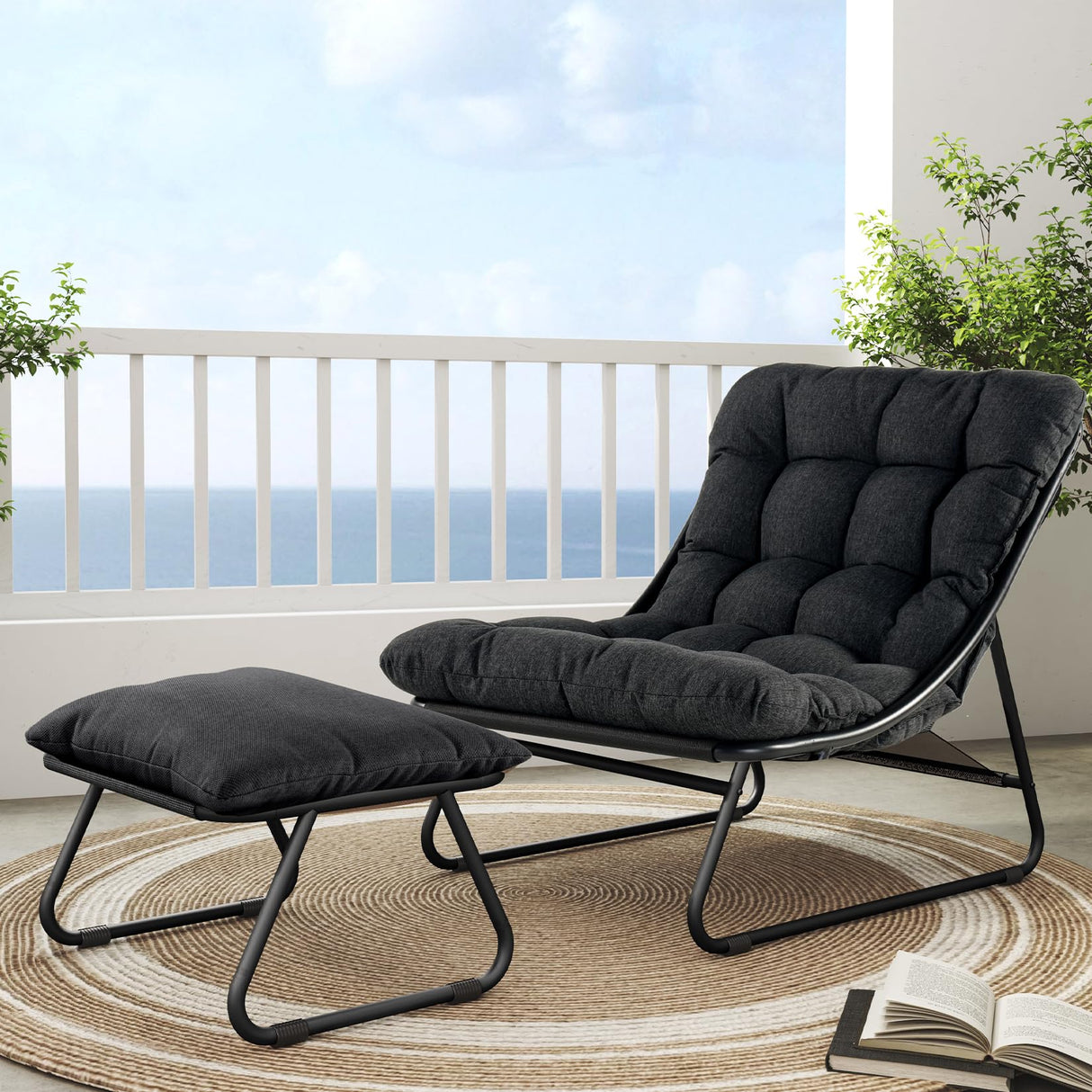 Grand patio Outdoor Lounge Chair with Ottoman, Comfy Sling Recliner Chair with Puffy Cushion and Foot Stool, Modern Patio Lounge Set for Porch Deck Garden, Dark Gray Grand patio