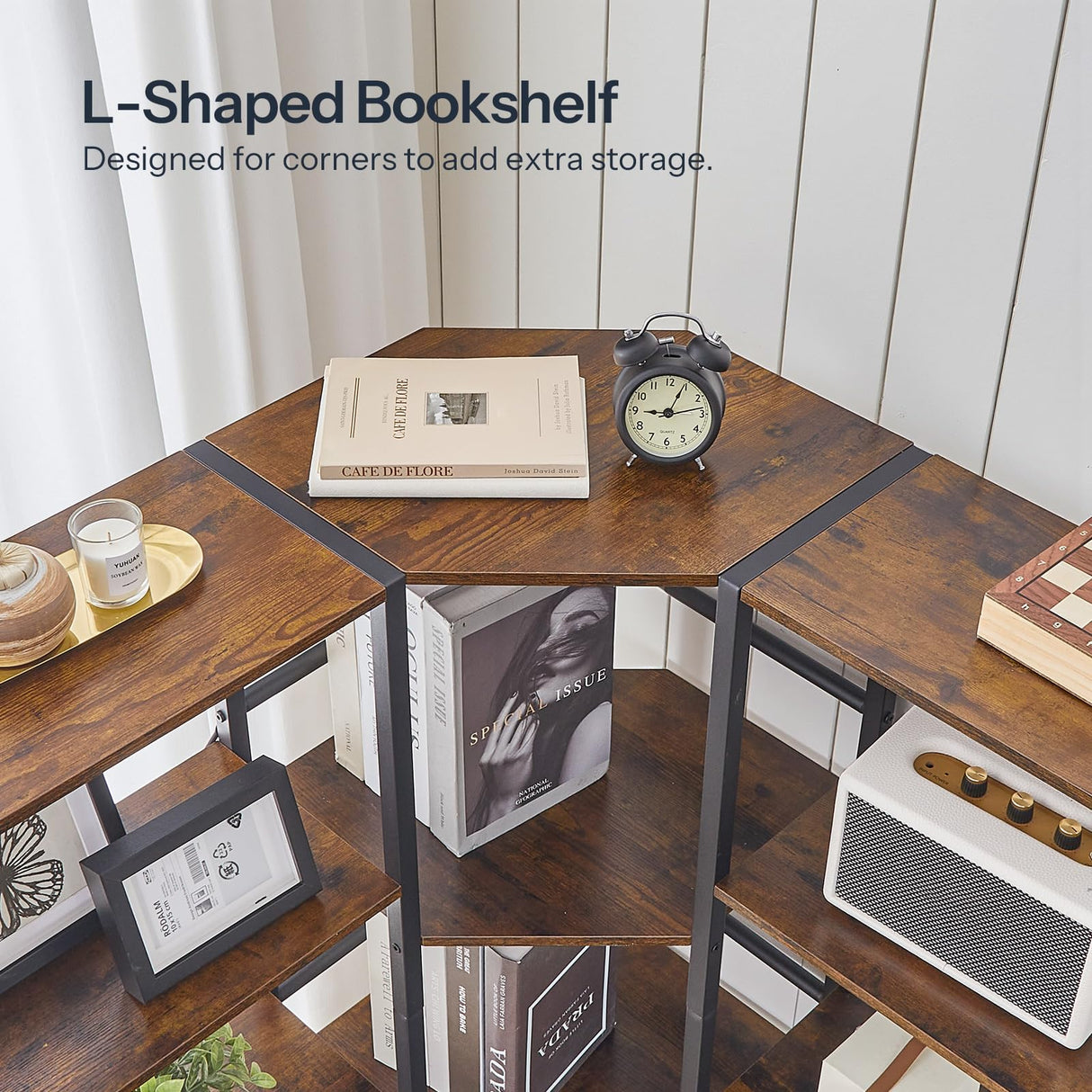 HOOBRO Industrial Corner Bookshelf, 5-Tier L-Shaped Bookcase, Open Display Storage Rack, Floor Standing Storage Shelf, for Living Room, Bedroom, Home Office, Rustic Brown and Black BF68SJ01 HOOBRO