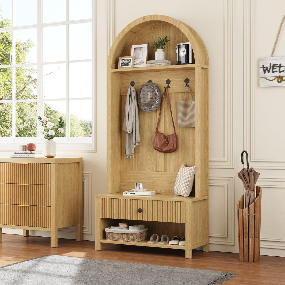 LSKTGA 70.86-inch Entryway Hall Tree, Farmhouse-Style Wooden Coat Rack Freestanding, Entryway Organizer with Four Hooks, Standing Shoe Rack with Bench for Hallways, Foyers, and Living Rooms, Natural LSKTGA