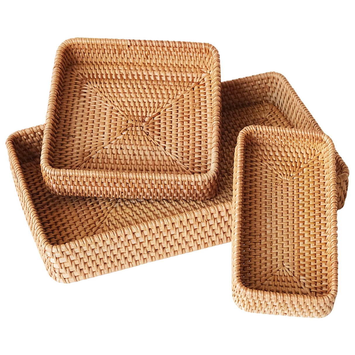 Rattan Serving Tray, Rectangle Rattan Basket Set of 3, Wicker Storage Basket Wicker Baskets for Organizing, Natural Basket Tray Decorative Basket Woven Tray for Home Decor Bathroom Kitchen Counter S310