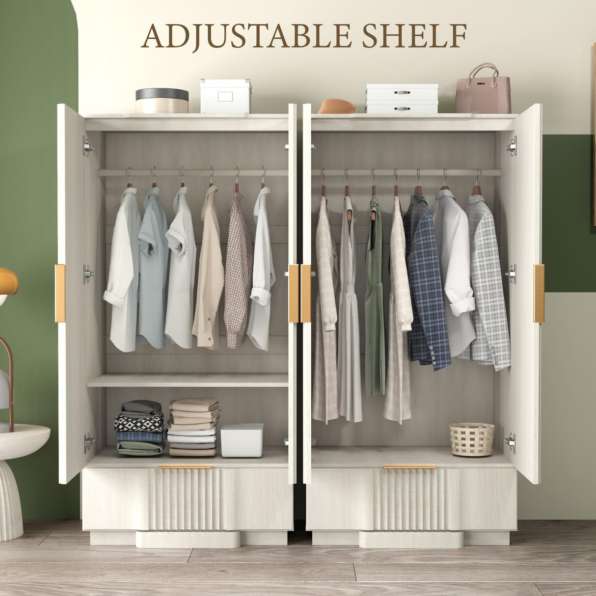 Brafab Armoire Wardrobe Closet, Modern 64.2" Freestanding Closet Wardrobe Cabinet with Drawer and Hanging Rail, Fluted Carved Wooden Storage Cabinet with Shelve for Bedroom, White Brafab