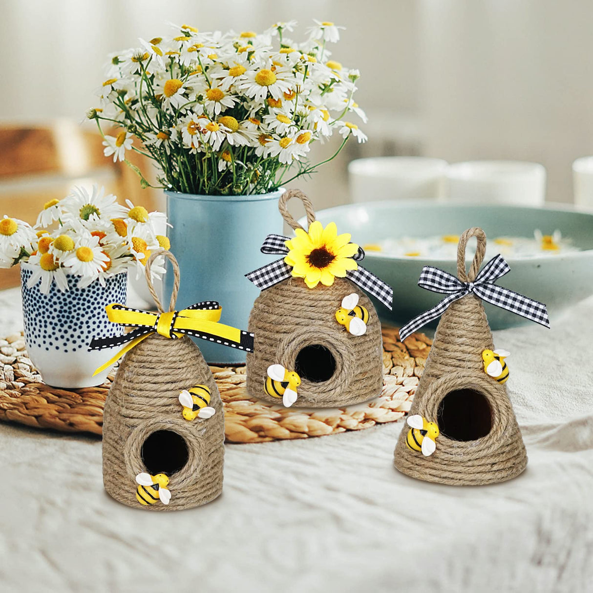 Rustic Bumble Bee Hive Decor - 3 Pack Natural Bee House, Spring/Summer Farmhouse Kitchen Table Tiered Tray Decor CRCZK
