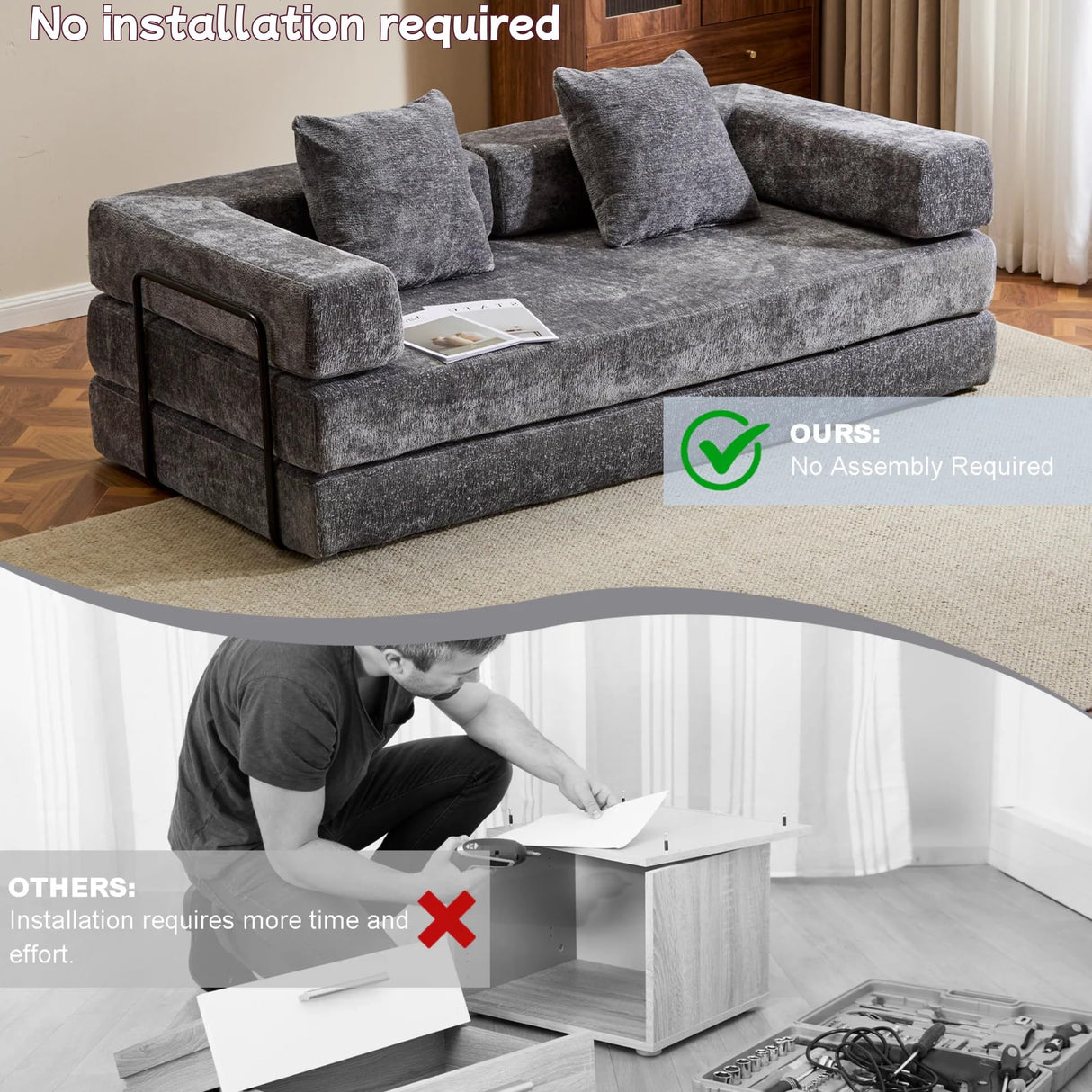 Trygoal Convertible Floor Sofa Bed, Foldable Mattress Cloud Couch with Pillow Back & Armrest, Chenille Sleeper Sofa Bed with Fixed-Shape Frame, Compressed Couch for Living Room Bedroom, Dark Gray Trygoal