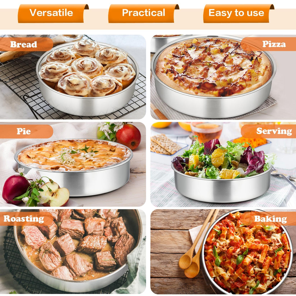 8 Inch Cake Pan Set, 3 Pcs P&P CHEF Round Baking Pans Stainless Steel Layer Birthday Wedding Cake Pans, Fit Oven/Pots/Pressure Cooker, Non Toxic & Heavy Duty, Dishwasher Safe P&P CHEF