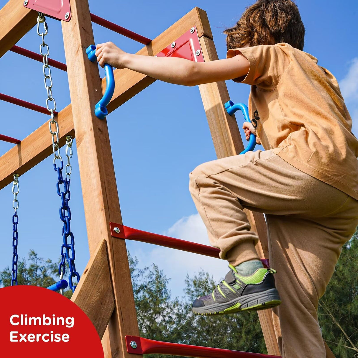 Dolphin Playground Wood Swing Sets for Backyard with Monkey Bar, Kids Outdoor Play Equipment, Outdoor Playset for Kids with Trapeze Swing Bar and 2 Belt Swings, Heavy Duty Playground Accessories DOLPHIN PLAYGROUND T