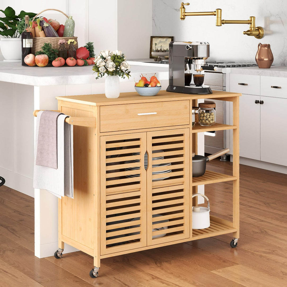 Moccha Rolling Kitchen Island Cart - Bamboo Kitchen Carts on Wheels with Storage Cabinet, Large Drawer, 3-Tier Open Shelf, Towel Rack, Sideboard, Mobile Kitchen Table for Dining Room Living Room Bar LDAILY