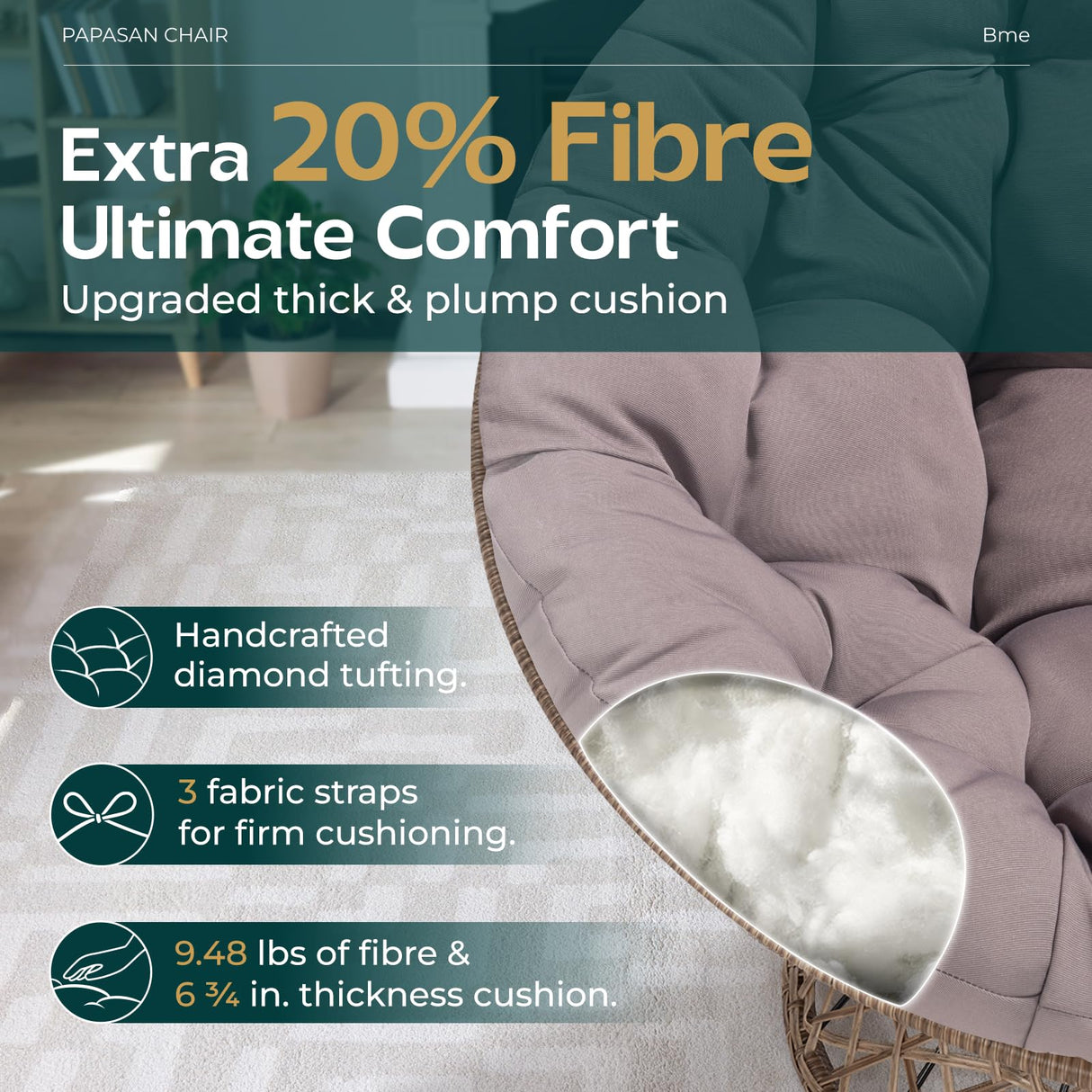 Bme 40" Ergonomic Wicker Papasan Chair with Soft Thick Density Fabric Cushion, High Capacity Steel Frame, 360 Degree Swivel for Living, Bedroom, Reading Room, Lounge Bme