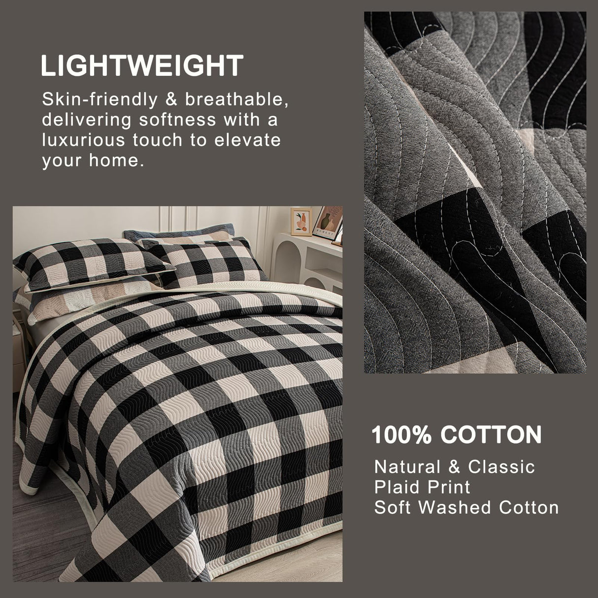 tohrisa Cotton Plaid Quilt Set, Ultra Soft 3 Pieces King Size Bedding with 2 Pillow Shams, Lightweight Reversible Coverlet Bedspread with Wave Quilting for Summer, 108"x96", Grid-Black White tohrisa