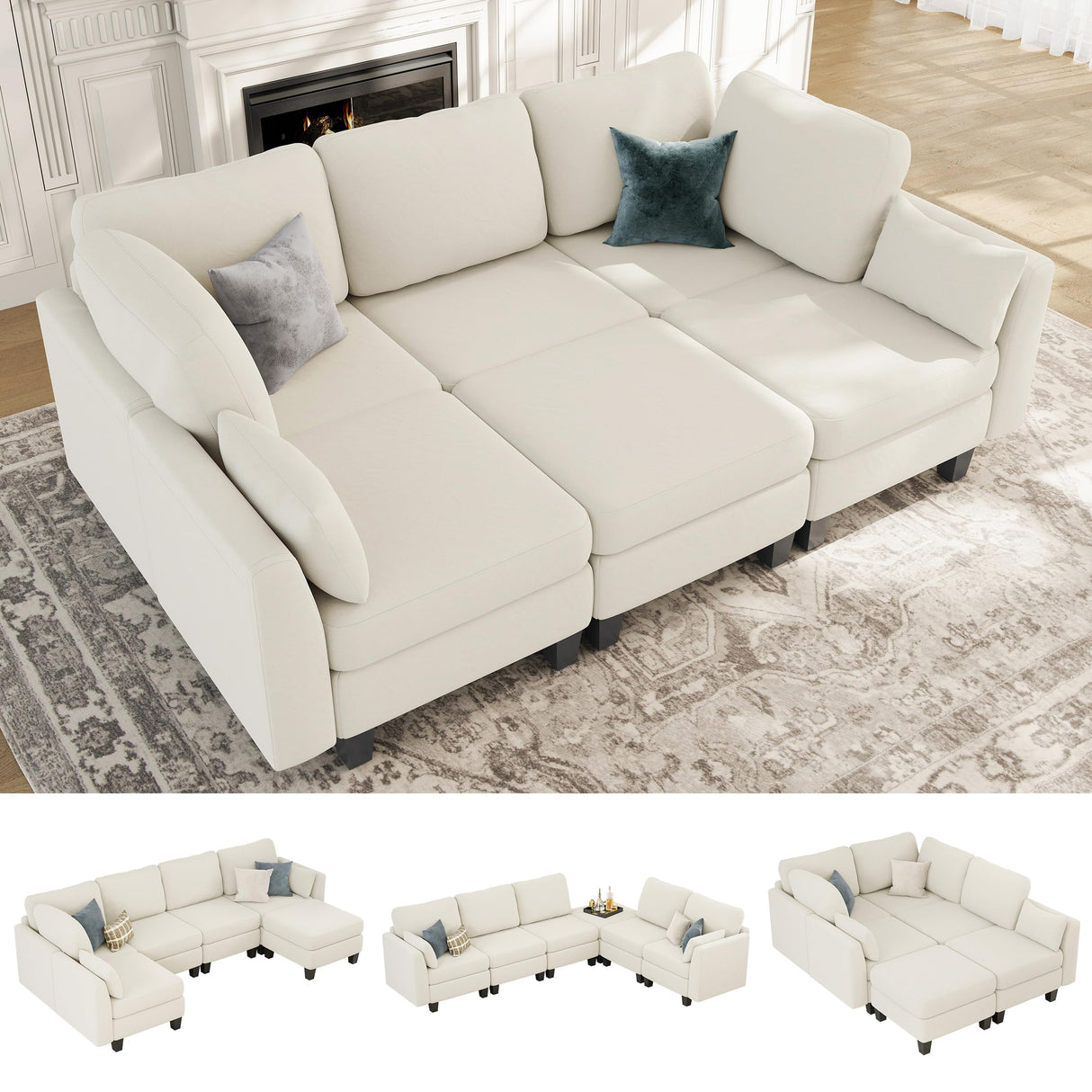 Dowiean Sectional Sleeper Sofa, 6 Seaters Modular Sleeper Sofa Couch, Comfy Sectionals Couches Bed, Convertible Sofas with Ottomans, Modular Sectional Couches for Living Room, Beige Dowiean