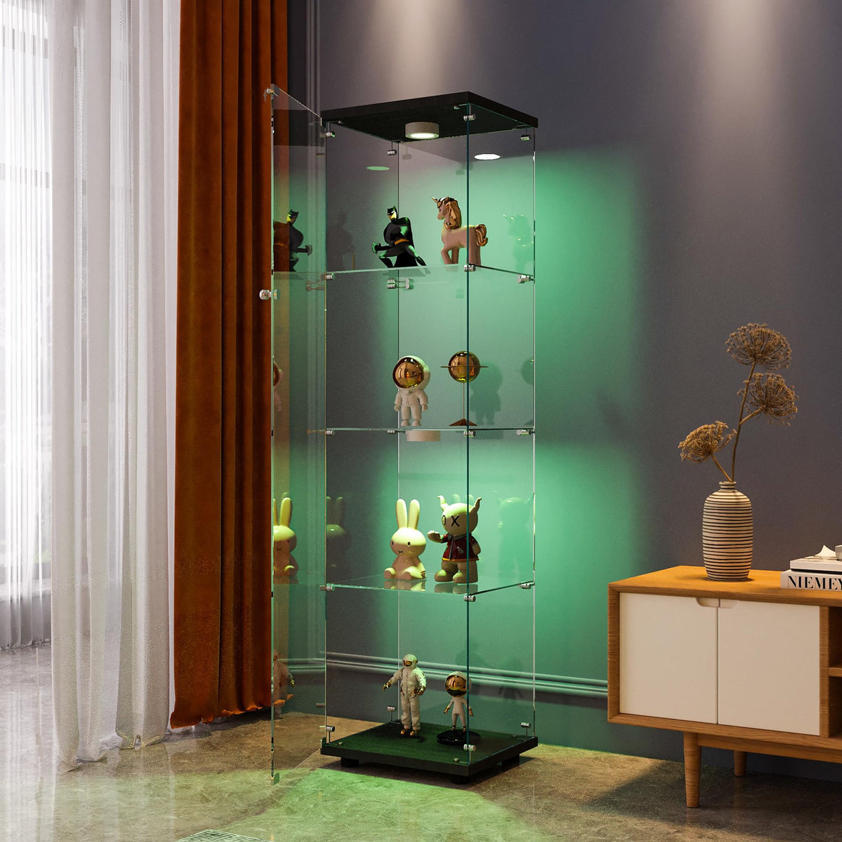 FANYUSHOW Display Cabinet with Glass Door and LED Light, 4-Tier Tempered Glass Display Shelf, Glass Curio Cabinet Collection Display Case, Display Case Cabinet, Black 64.7" H x 16.7" L x 14" W FANYUSHOW
