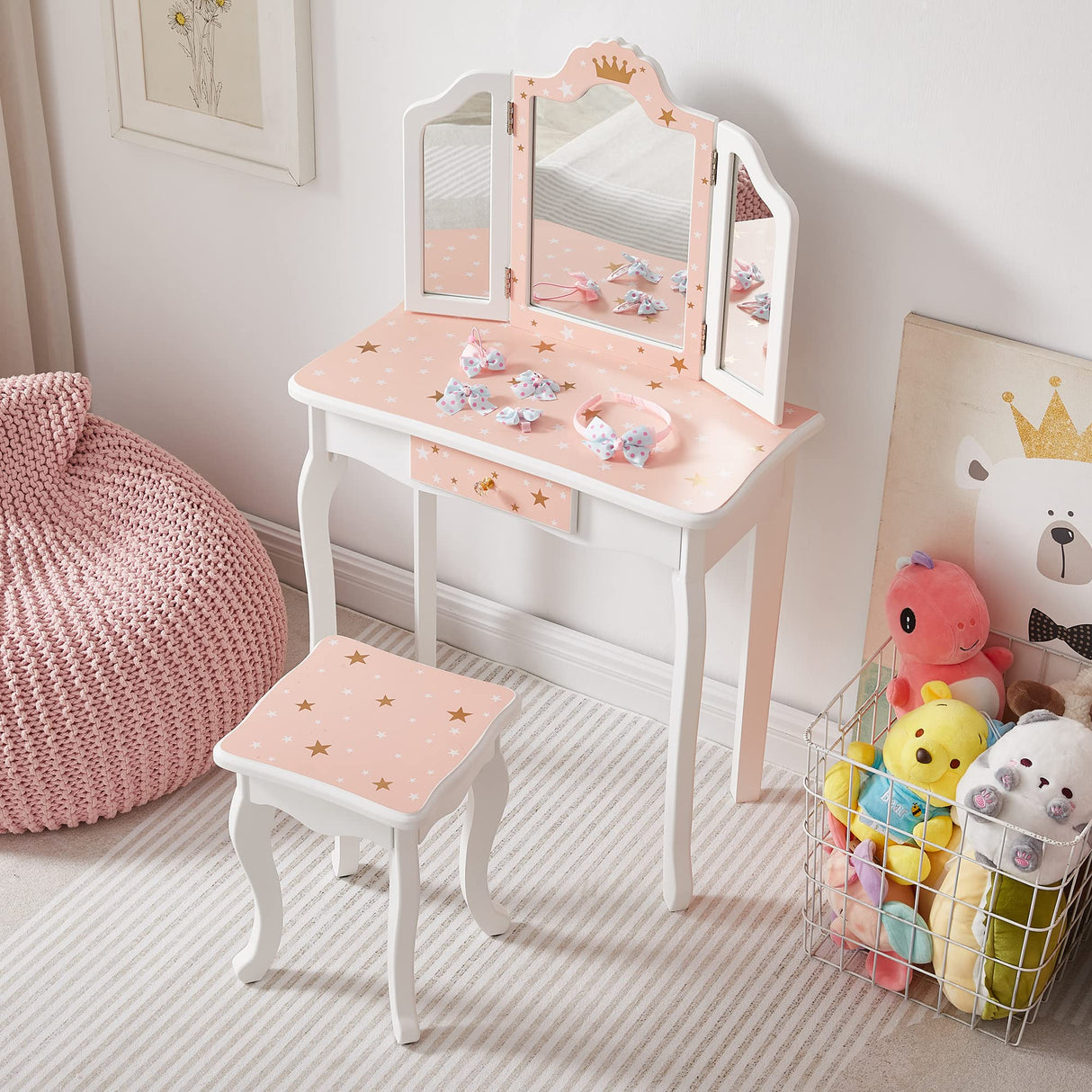 Nromant Kids Vanity Table and Chair Set, Girls Vanity Set with Stool, Tri-Folding Mirror, Makeup Dressing Princess Table with Drawer for Little Girls Nromant