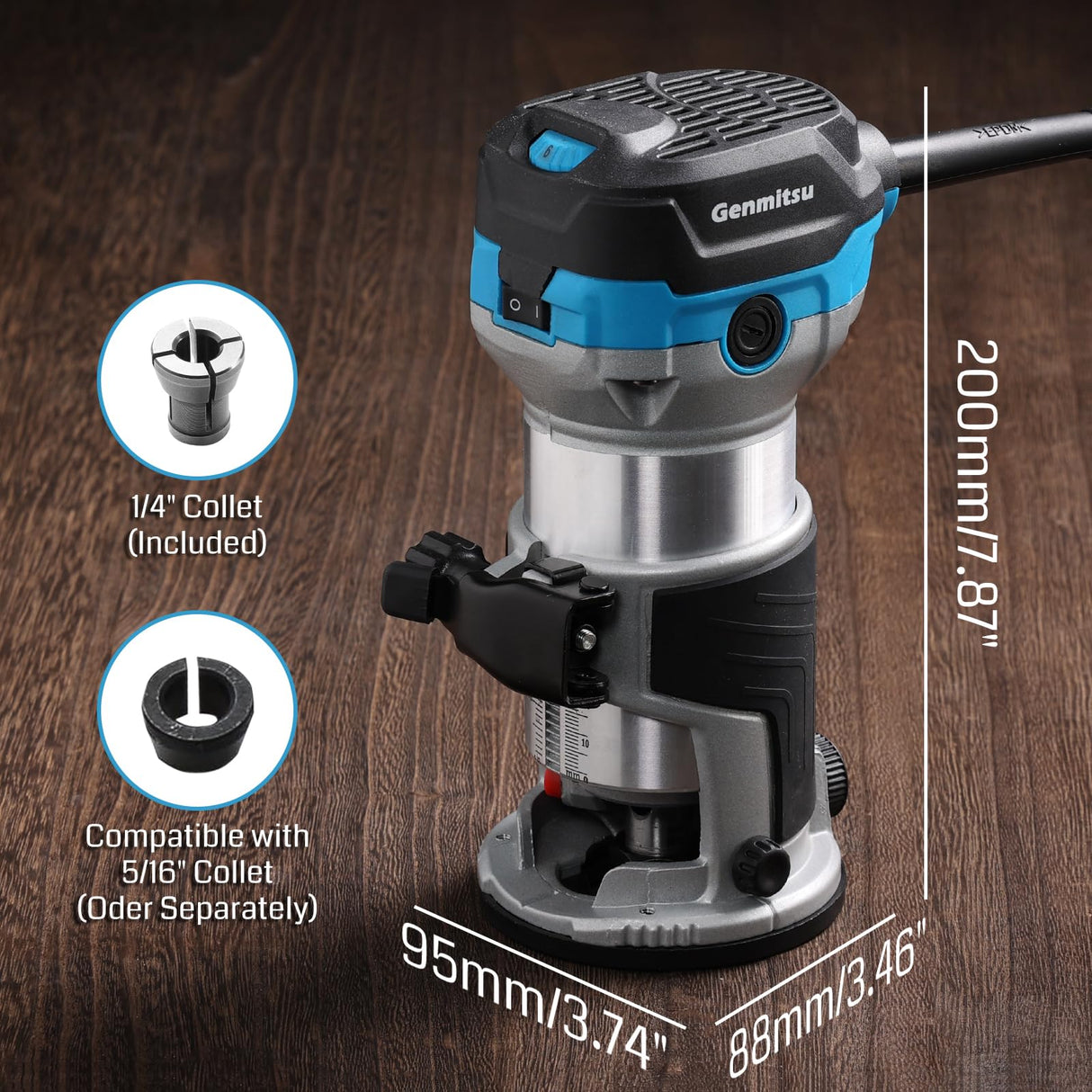 Genmitsu 1.25 HP 65mm Diameter Palm Trimmer Router, Compact Router Wood Tool With Fixed Base, 6 Variable Speeds 10000-30000 R/MIN, with 1/4“ Collet, Perfect for CNC Woodworking & DIY Project Genmitsu