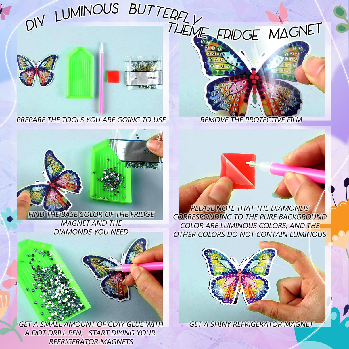 Outus 30 Pcs Luminous Butterfly Diamond Painting Magnets Butterfly Diamond Art Kits for Refrigerator Spring Fridge Magnet Stickers for DIY Craft Home Decors Outus