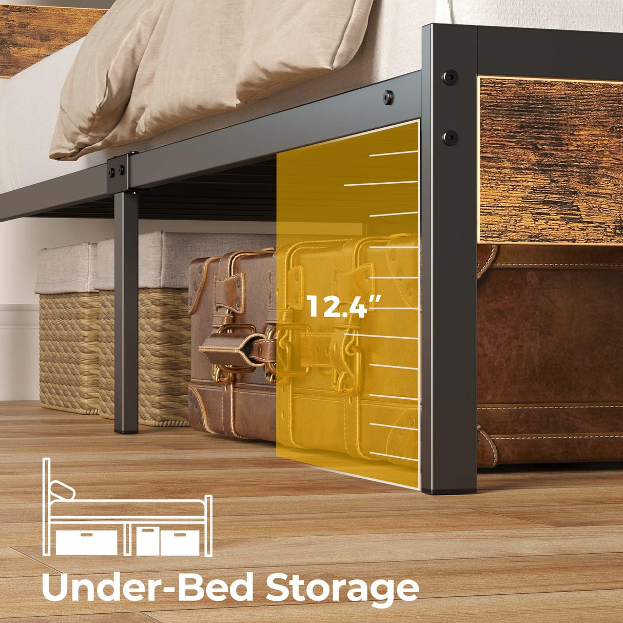 Rolanstar Bed Frame King Size with USB Charging Station, LED Bed Frame with Wood Storage Headboard, Rustic Brown Metal Platform Bed with Under Bed Storage, No Box Spring Needed, Noise Free Rolanstar