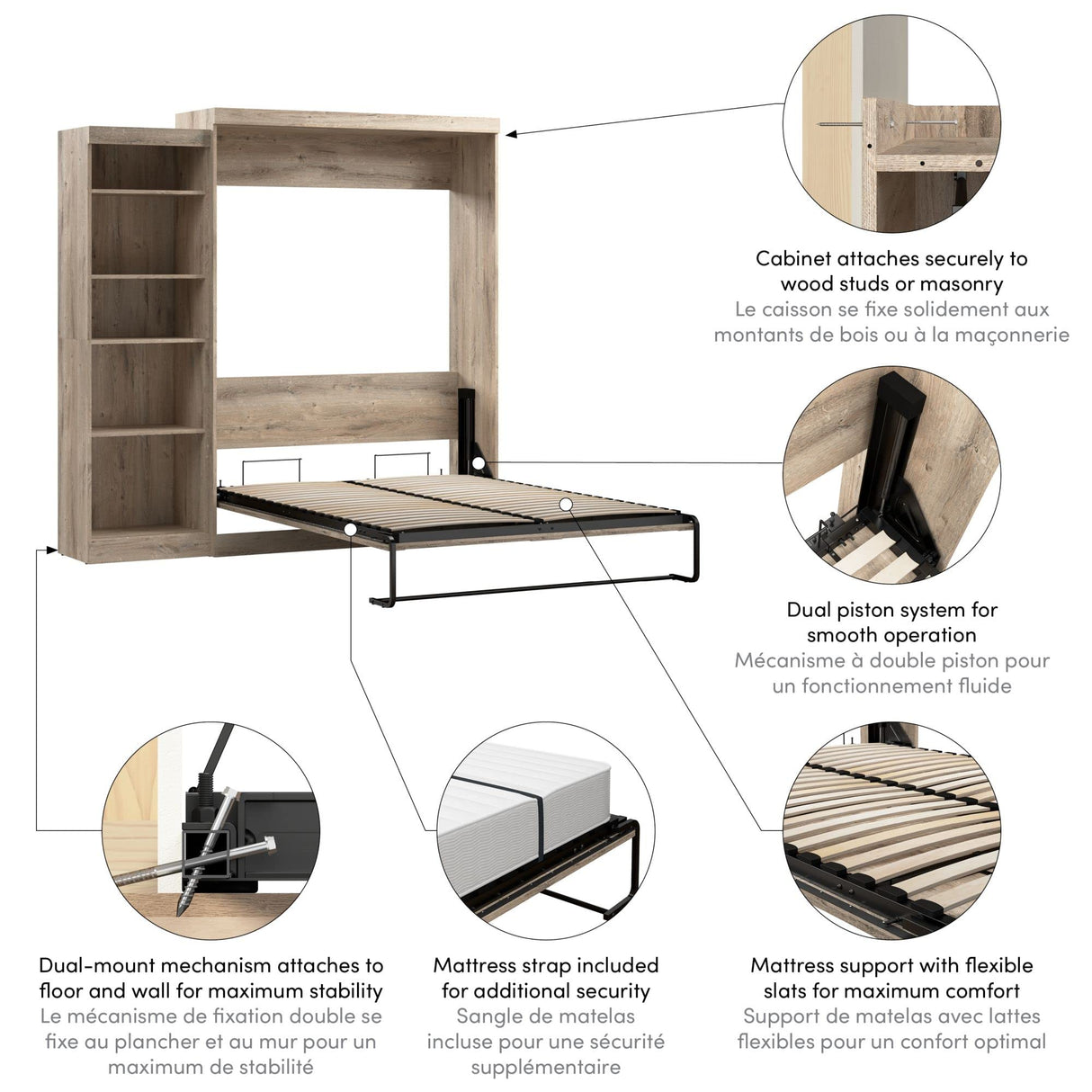 Bestar Pur Queen Murphy Bed with Shelving Unit, 90-inch Space-Saving Sleeping Arrangement for Multipurpose Room in Rustic Brown Bestar