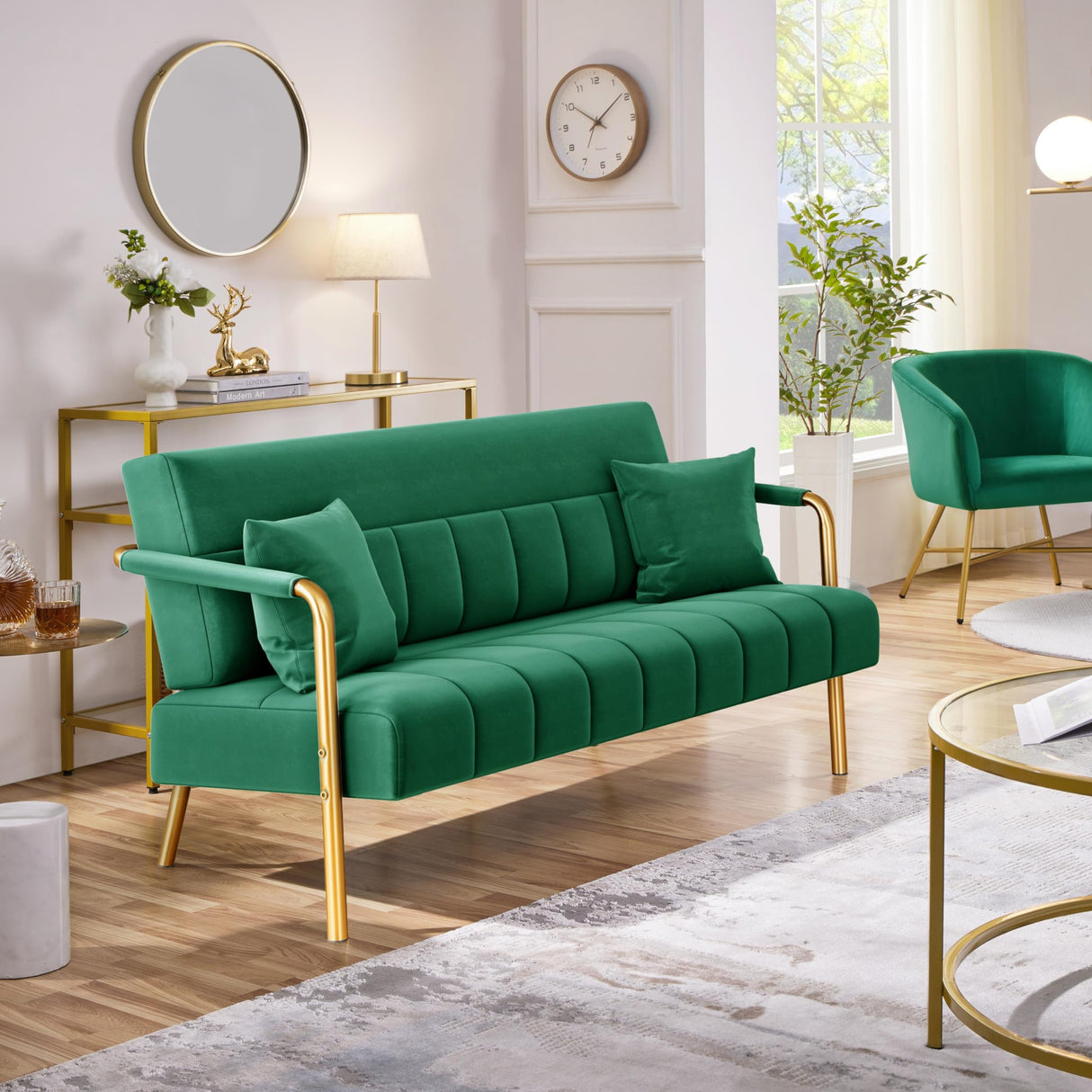 Yaheetech 56.5" W Modern Loveseat 2 Seater Sofa Luxurious Velvet Fabric Couch with Gold-Tone Metal Arms and Legs for Living Room, Home Office, Studio Green Yaheetech