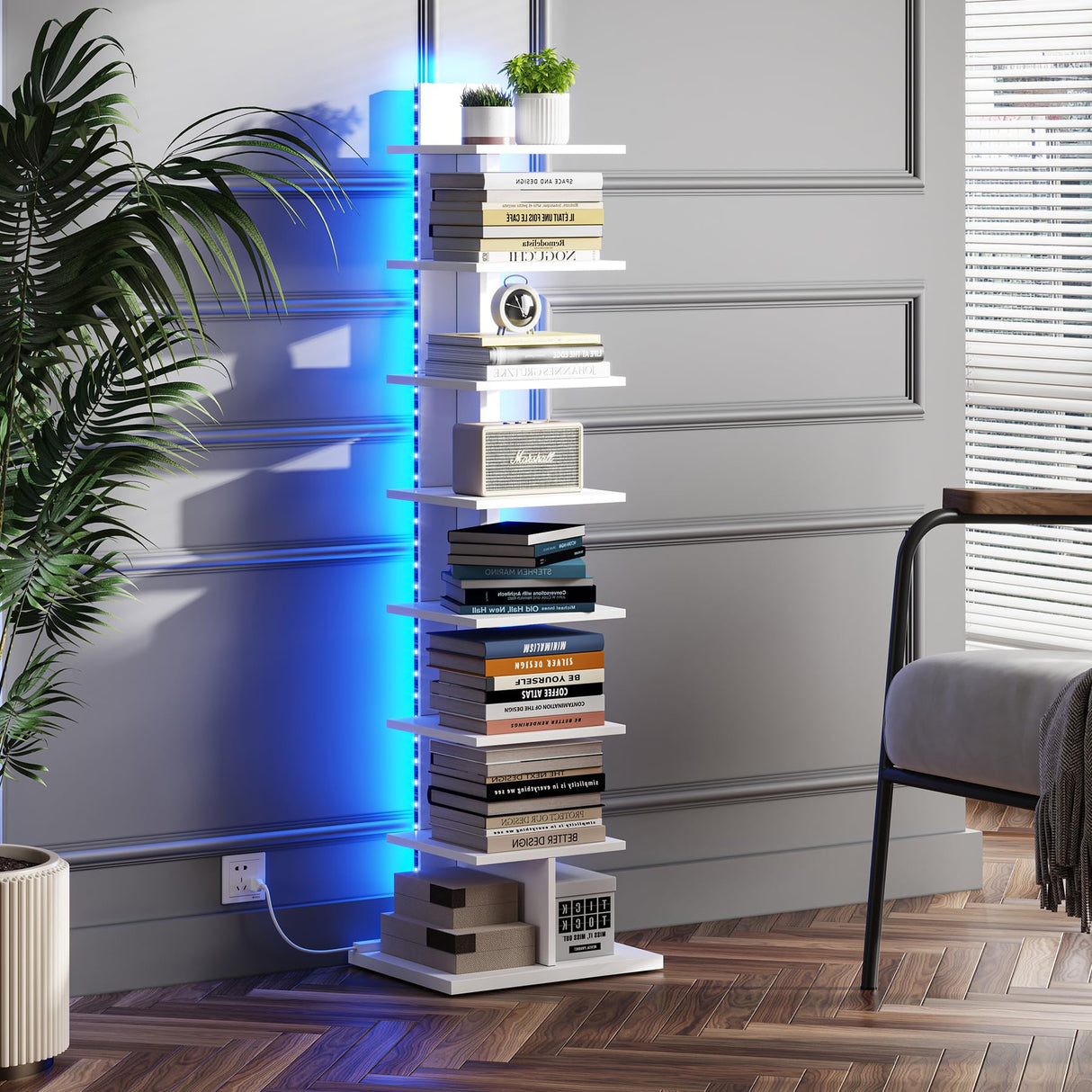 TUTOTAK Narrow Bookshelf, 8-Tier Bookcase with LED Lights, Spine Book Shelf for Small Space, Corner Standing Shelf for Living Room, Office, Study, Entryway, White BS06BW008L TUTOTAK